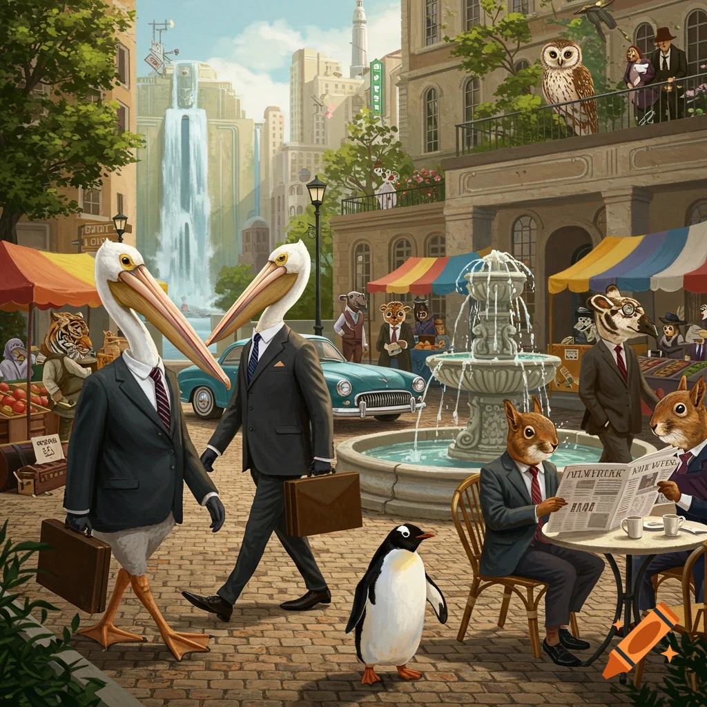 A bustling city street with anthropomorphic animals in suits. Two pelicans walk in the foreground, a penguin waddles by, squirrels read a newspaper by a fountain, and various other animal characters populate the scene.