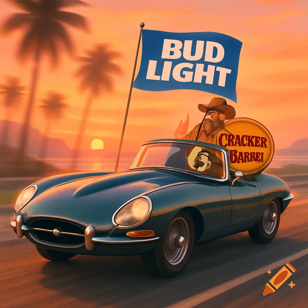 A classic blue Jaguar E-Type convertible drives along a coastal road at sunset, with an old man waving. A Bud Light flag flies from the car, and a Cracker Barrel sign is in the back.