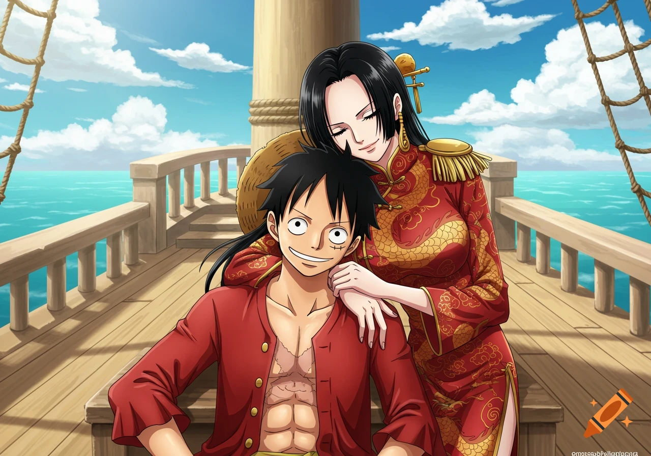 Anime characters Luffy and Hancock on a ship's deck. Luffy smiles while Hancock leans on his shoulder in a red cheongsam.