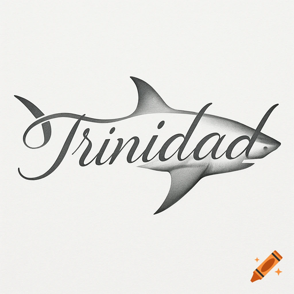 A stylized illustration of the word 'Trinidad' rendered in a calligraphic font, forming the silhouette of a shark in monochrome.