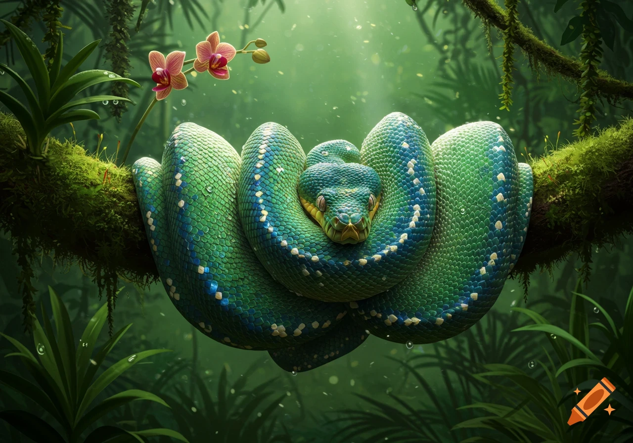 A vibrant green tree python with blue and white markings coils on a mossy branch in a lush, misty jungle with pink orchids.