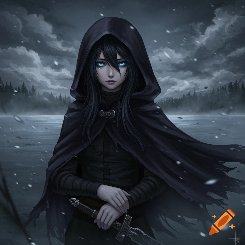 A mysterious anime girl with glowing blue eyes, dressed in a dark hooded cloak, stands in a snowy forest, holding a sword.