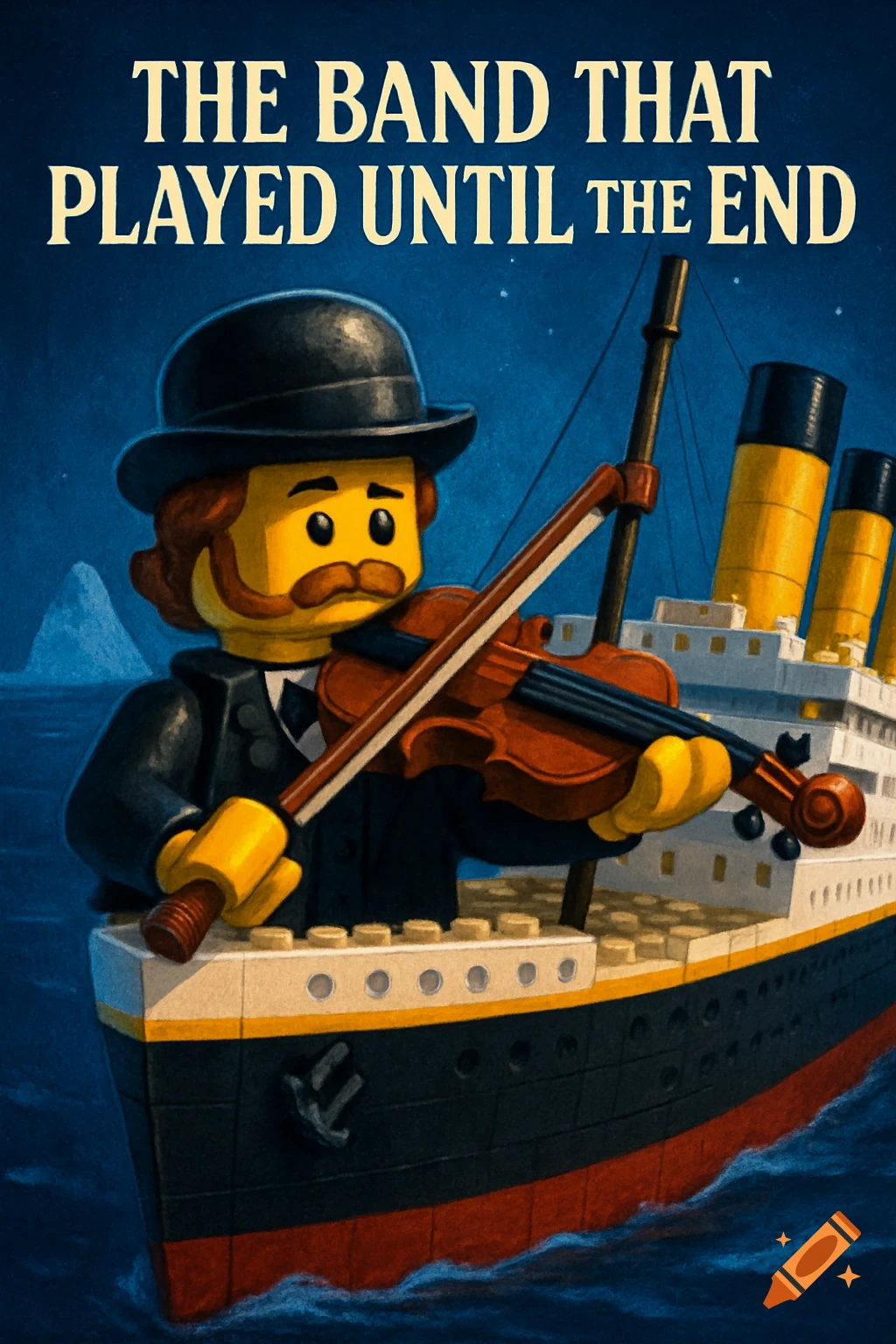 A LEGO-style illustration of a musician playing a violin on the deck of the Titanic at night, with the title "THE BAND THAT PLAYED UNTIL THE END".