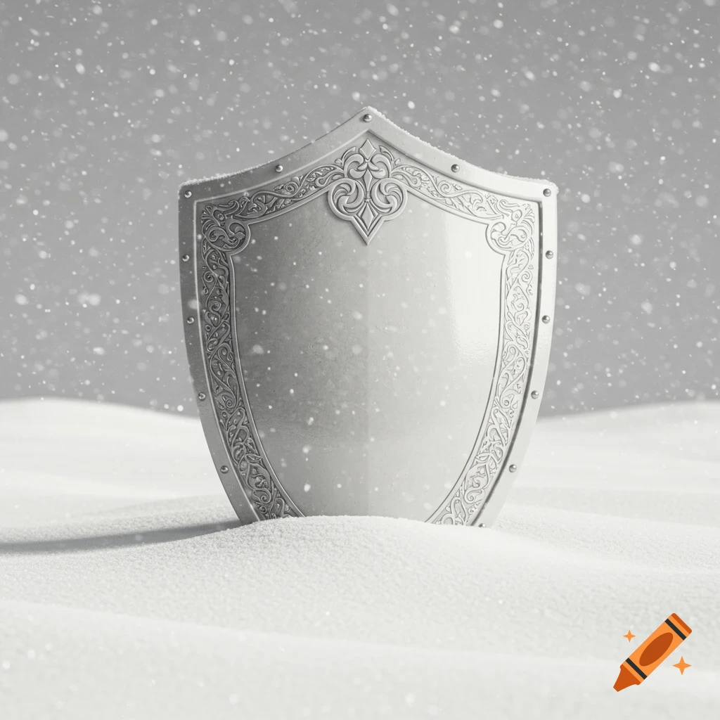 A detailed silver shield with ornate carvings stands upright in a field of pristine white snow, with snowflakes falling around it.