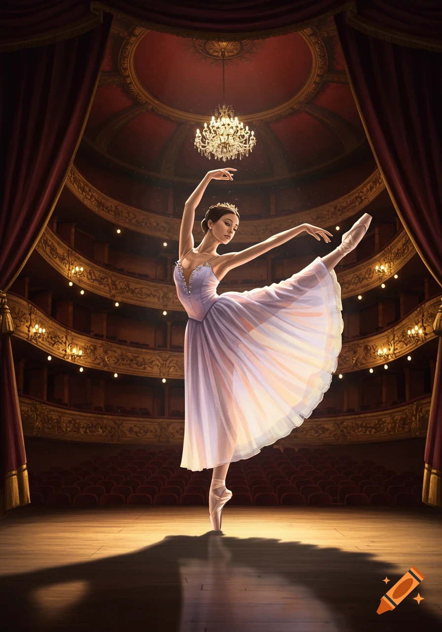 A graceful ballerina in a light purple dress dances on pointe on a grand theatre stage with red curtains and ornate balconies.