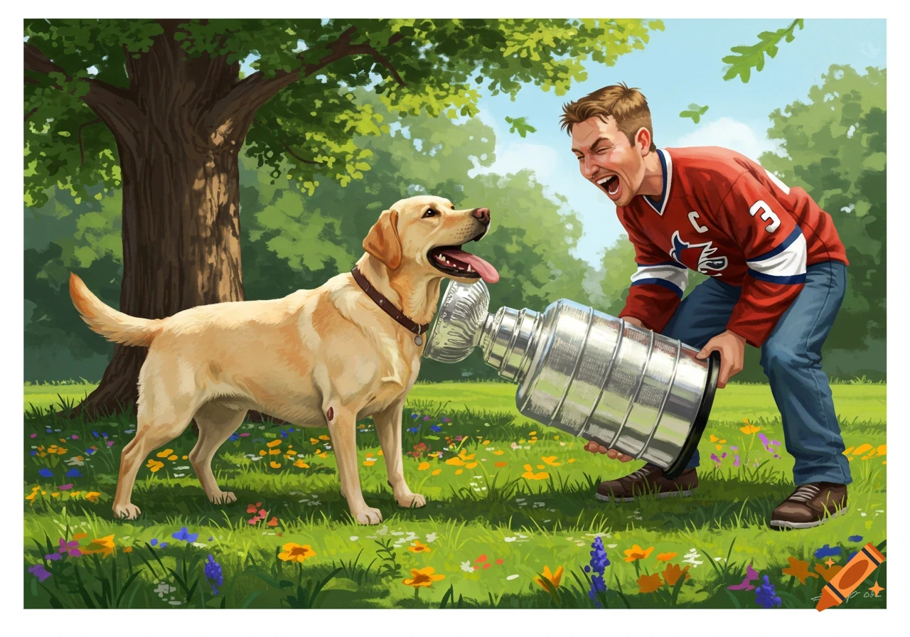An illustration of a man in a red hockey jersey trying to pull the Stanley Cup from a happy yellow Labrador in a flowery park.