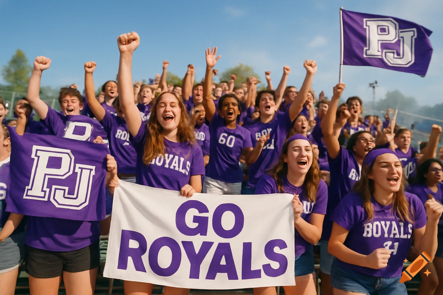 A large group of excited students in purple and white, cheering and holding "PJ" flags and a "GO ROYALS" banner at an outdoor athletic event.
