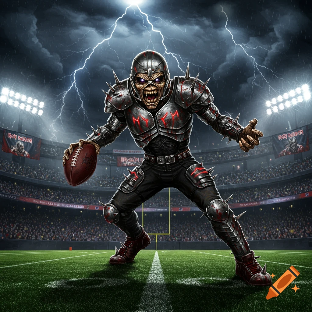 Iron Maiden's Eddie in spiked football armor holding a ball on a stormy stadium field with lightning.