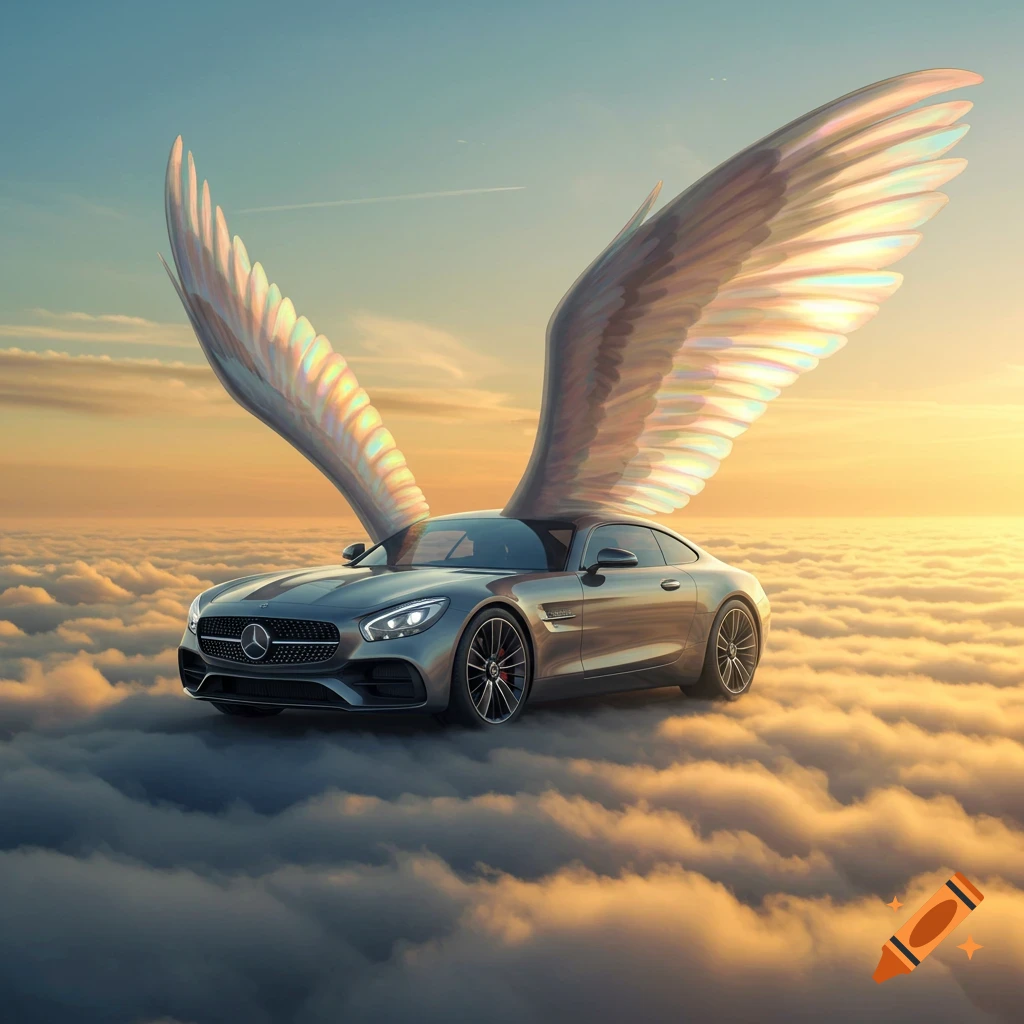 A grey Mercedes sports car with iridescent wings flies above clouds at sunset.