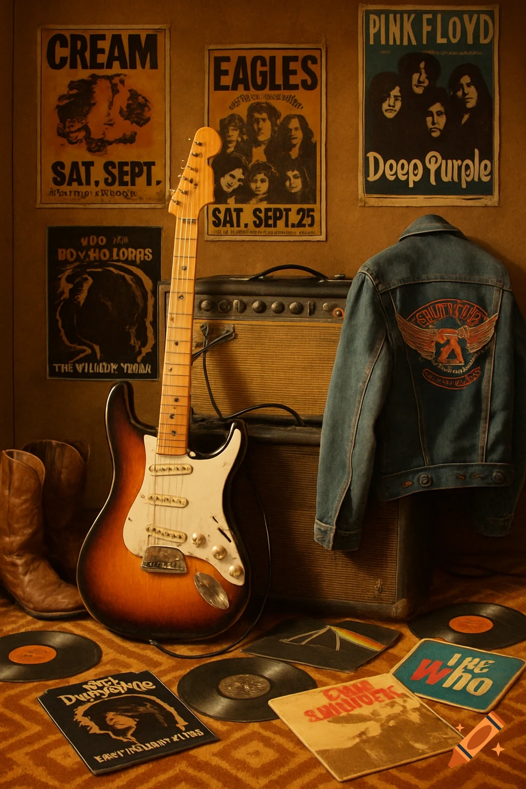 A vintage-style still life with an electric guitar leaning against a tweed amplifier, surrounded by classic rock posters for Cream, Eagles, Pink Floyd, and Deep Purple, with vinyl records and a denim jacket on the floor.