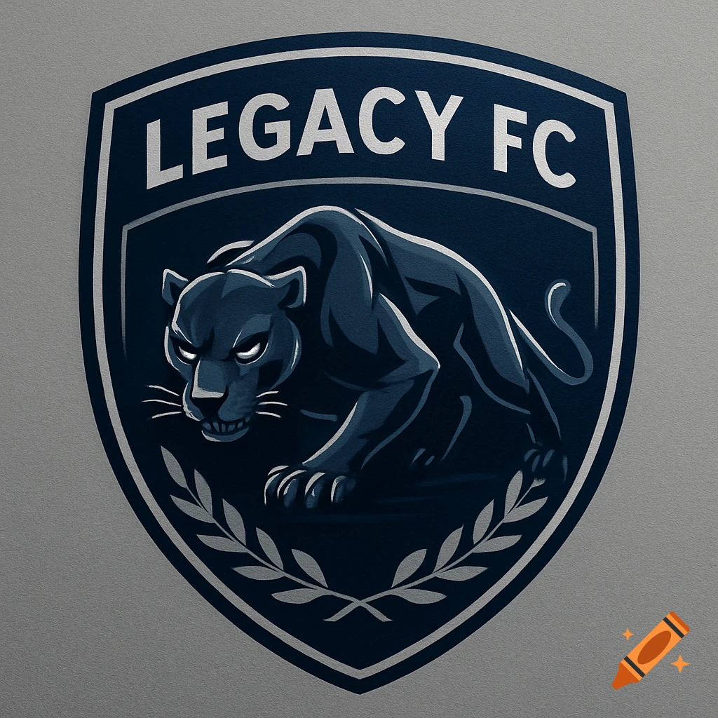 Dark blue shield logo with a black panther, glowing eyes, and text 'LEGACY FC', with silver olive branches.