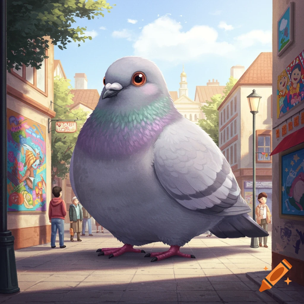 A stylized illustration of a huge, cute pigeon with iridescent neck feathers standing on a sunny city street, dwarfing people.