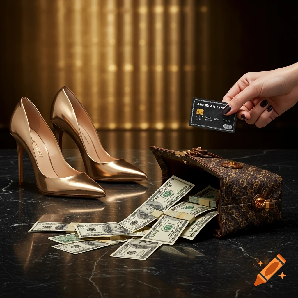 A pair of gold high heels, a brown luxury handbag spilling cash, and a hand holding a black American Express credit card on a marble surface.