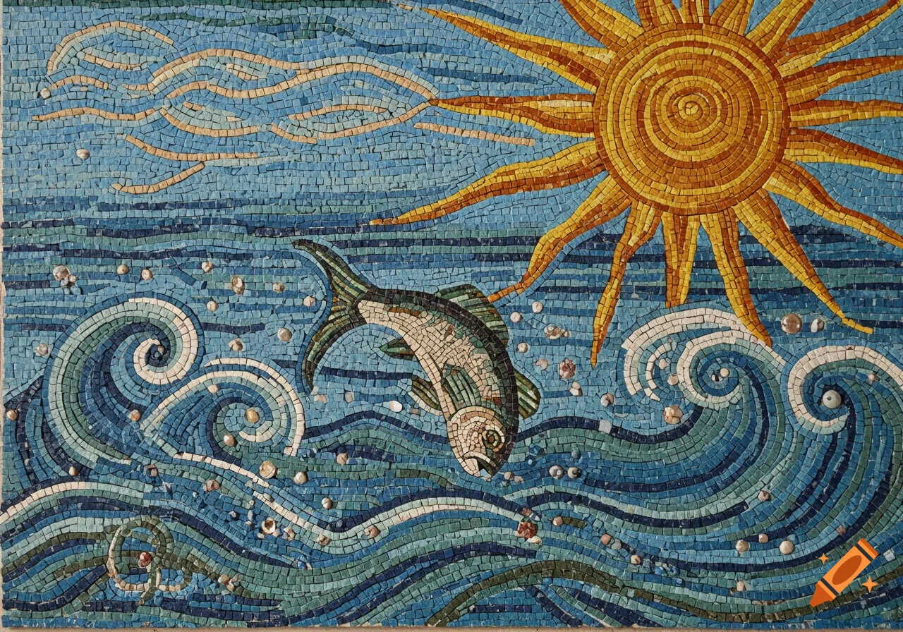 A vibrant mosaic art piece depicting a fish swimming in blue waves under a bright orange sun.
