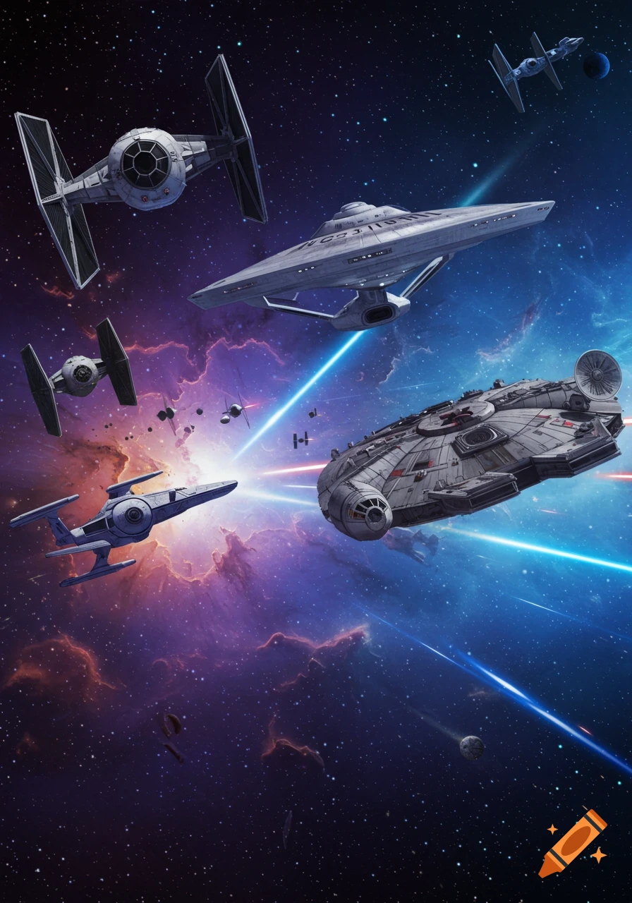 Iconic spaceships from Star Wars and Star Trek, including a Millennium Falcon, USS Enterprise, and TIE Fighters, flying through a vibrant cosmic nebula.