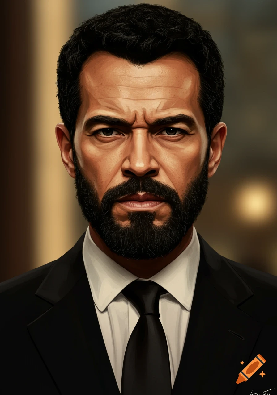 A stylized portrait of a serious man with dark hair and a beard, wearing a black suit and tie.