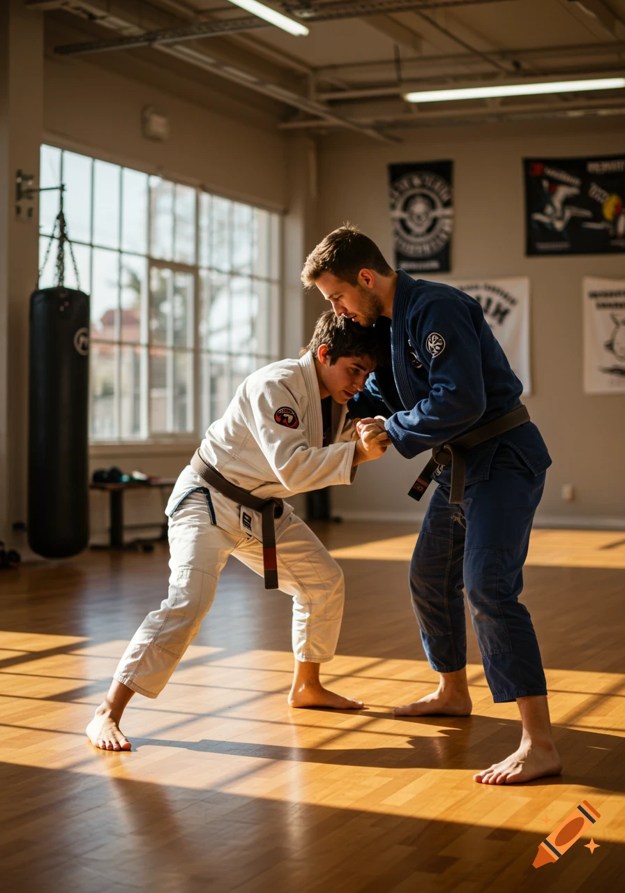 Two men in gis practice jiu-jitsu on a sunlit wooden floor in a martial arts gym with a punching bag.