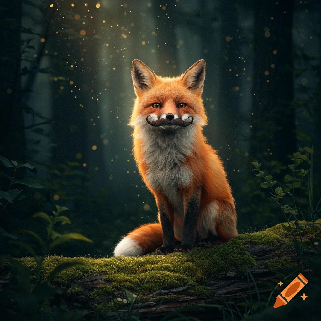 Photorealistic fox with a distinguished mustache sitting on a mossy log in a dark, glowing forest.