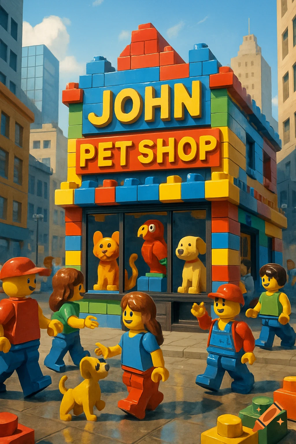 Lego-style street scene with people and a pet shop named John, featuring blocky animals in the window.