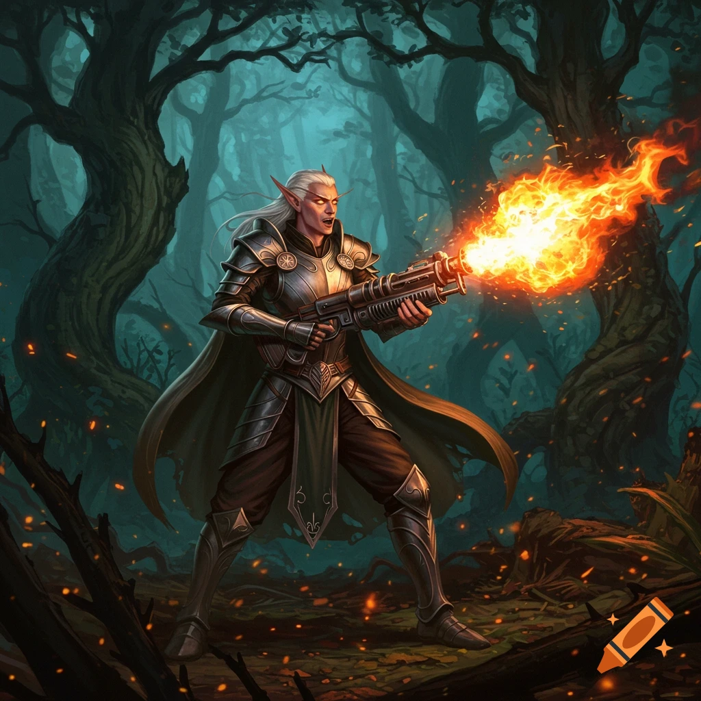 An armored elf with long white hair fires a flamethrower, spewing fire into a dark, magical forest.