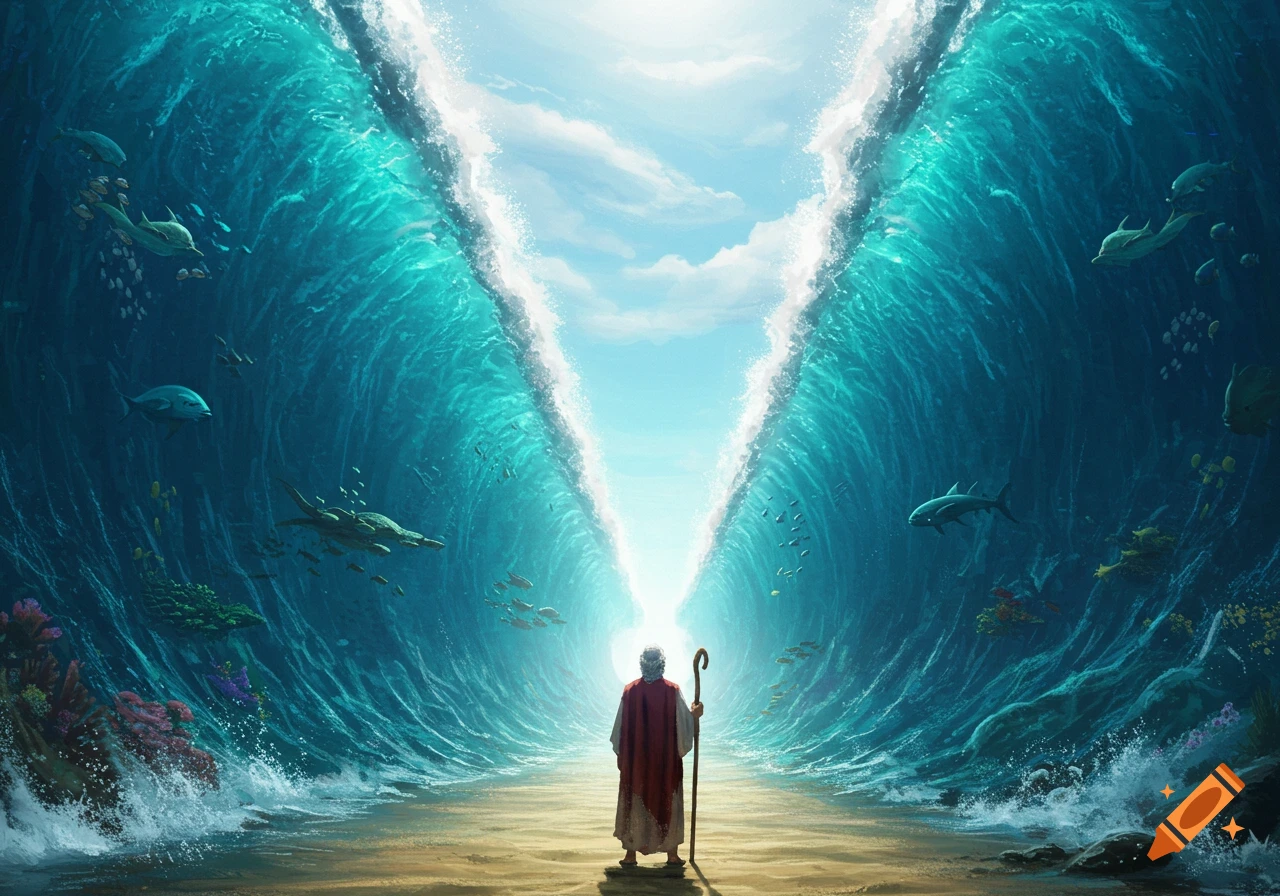 Moses stands on dry ground, parting the Red Sea into two towering walls of water teeming with marine life under a bright sky.