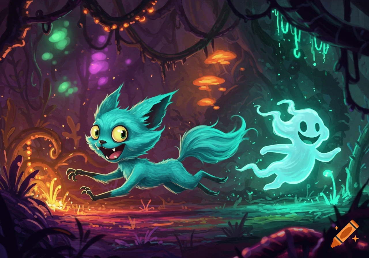 A vibrant blue cartoon creature with big eyes runs through a glowing fantasy forest, chased by a friendly white ghost.