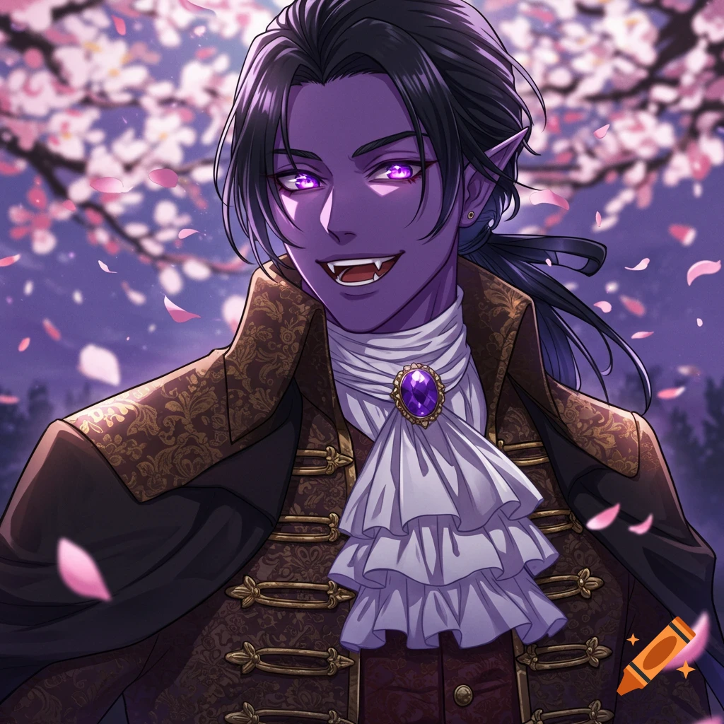 Anime noble vampire man with dark purple skin, bright purple eyes, and fangs, smiling in aristocratic clothing amidst falling cherry blossoms.