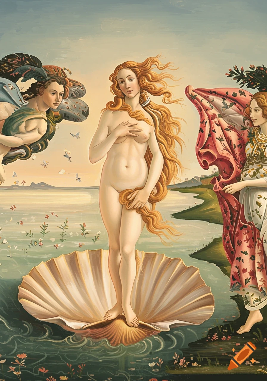 A stylized painting resembling Botticelli's Birth of Venus, depicting a nude goddess standing on a seashell in the ocean, with winds and a figure offering a cloak.