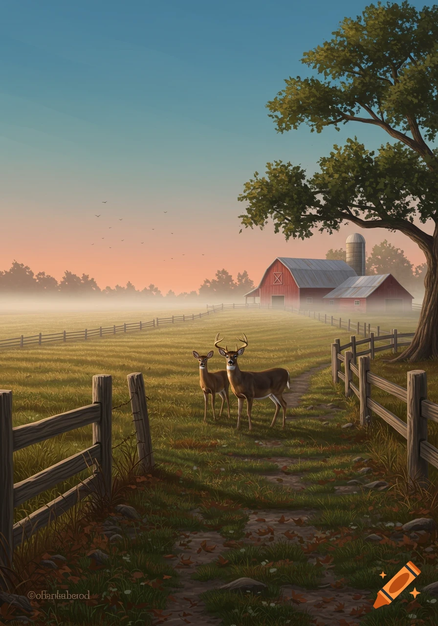 Two deer in a grassy field with a wooden fence, red barn, and silo in the misty background at sunrise, digital painting.