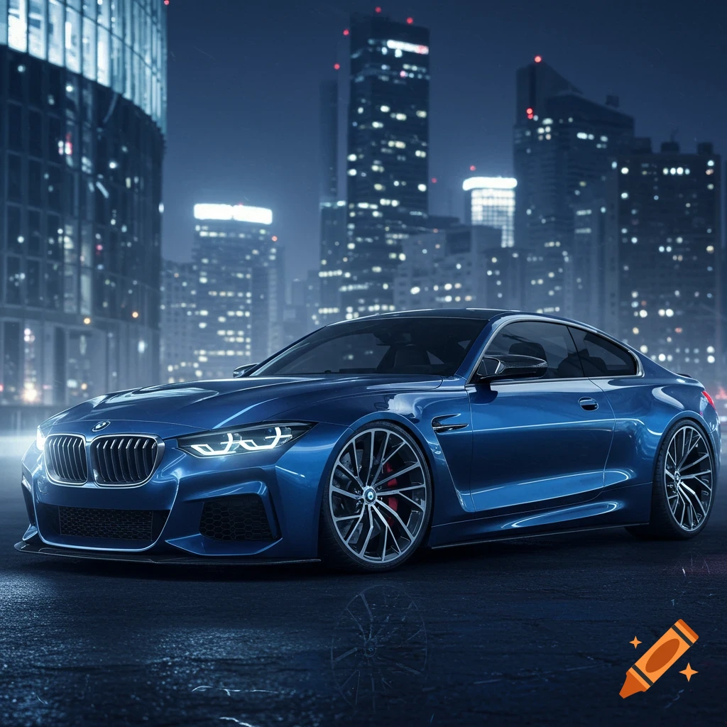 A sleek blue BMW concept muscle car parked on a wet city street at night, with towering illuminated buildings in the background. Photorealistic style.