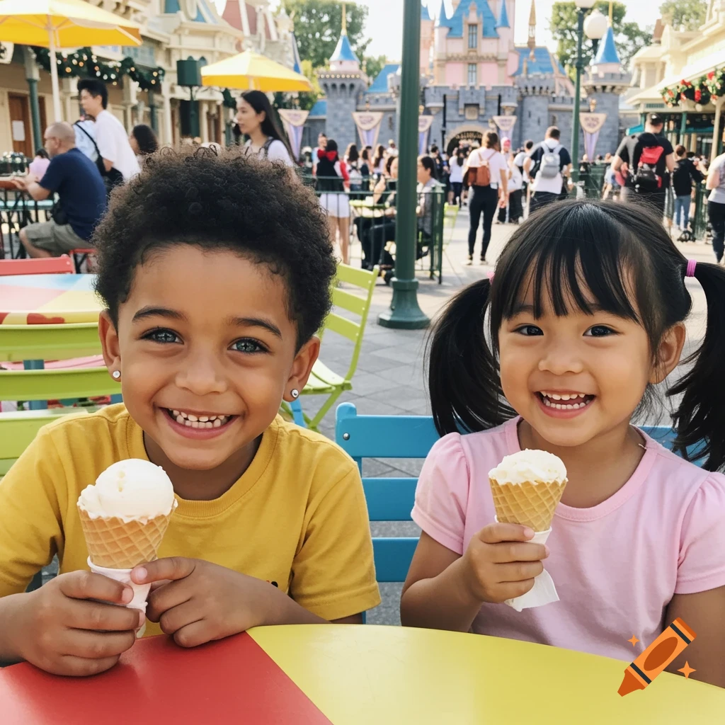 Two smiling children, a boy and a girl, eat ice cream cones at a colorful table in Disneyland with a castle in the background.