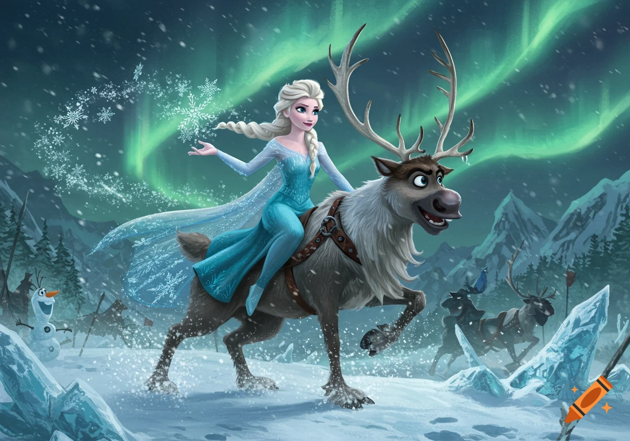 Elsa from Frozen rides Sven the reindeer through a snowy landscape under the Northern Lights, casting snowflakes.