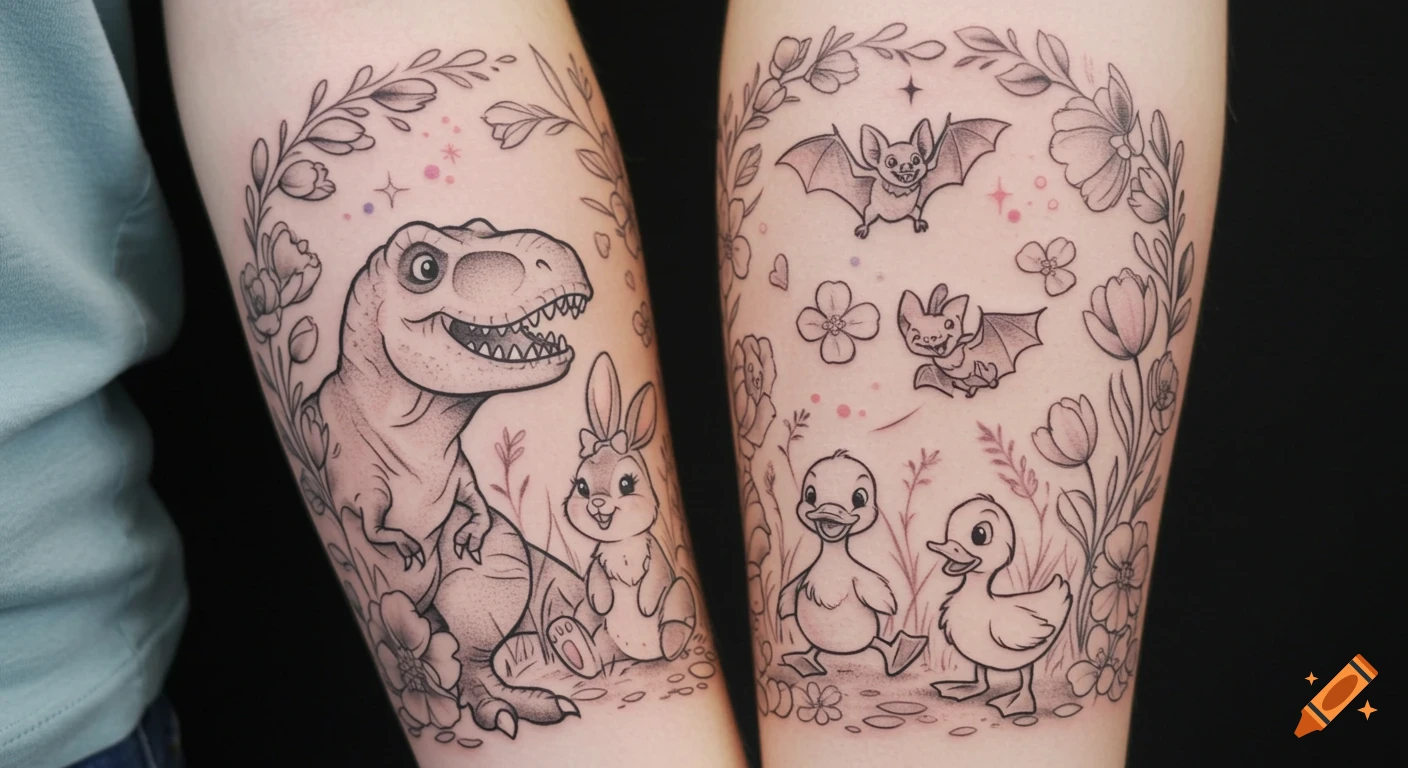Black and white line art tattoos on two forearms featuring a T-Rex, bunny, bats, and ducklings among flowers.