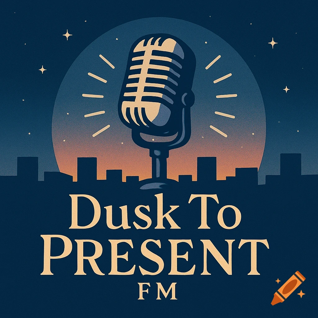 A retro-style radio station logo featuring a vintage microphone above a cityscape silhouette at dusk, with text 'Dusk To PRESENT FM'.