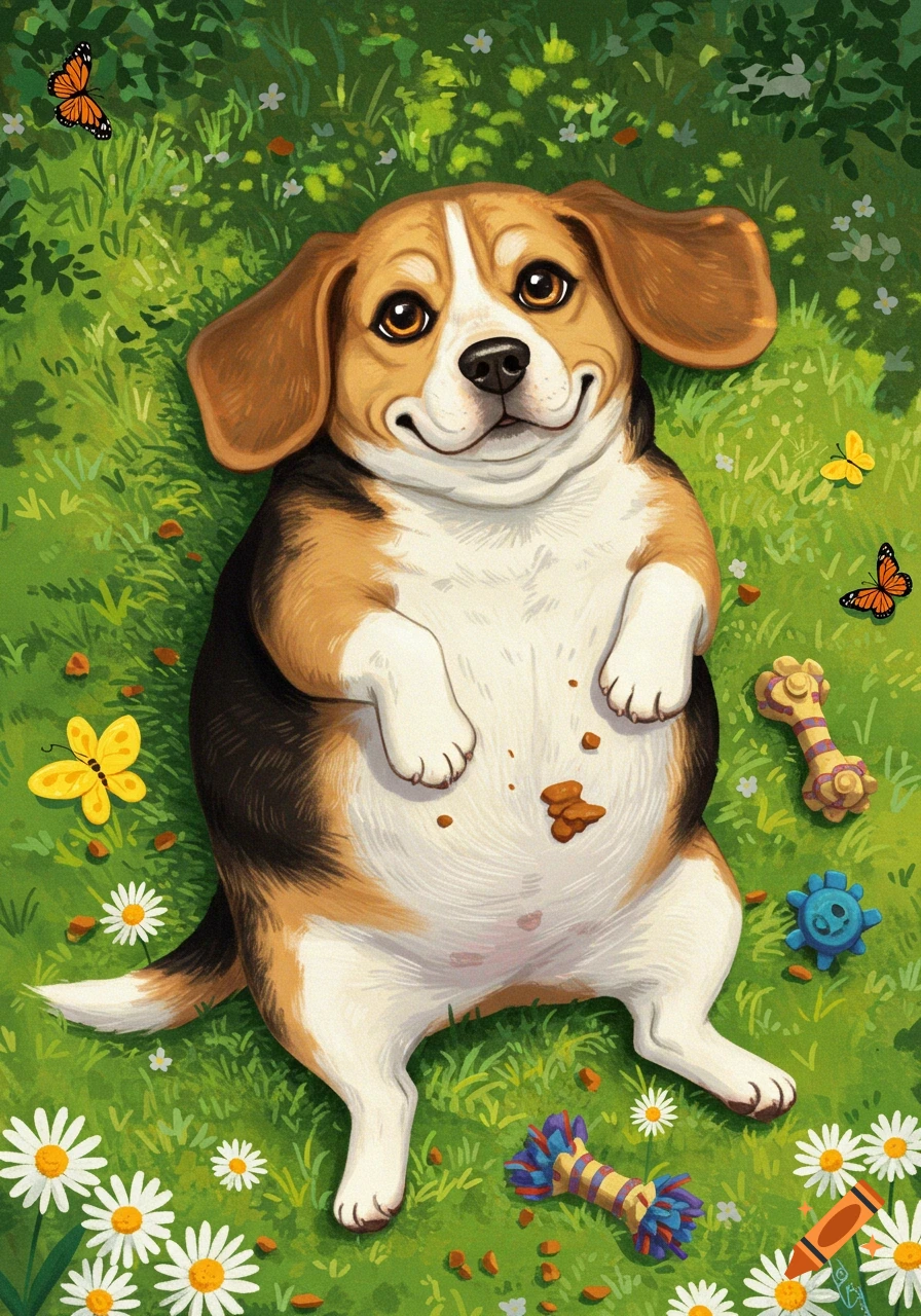 A happy, plump beagle dog lies on its back in green grass with daisies, butterflies, and toys, cartoon illustration.