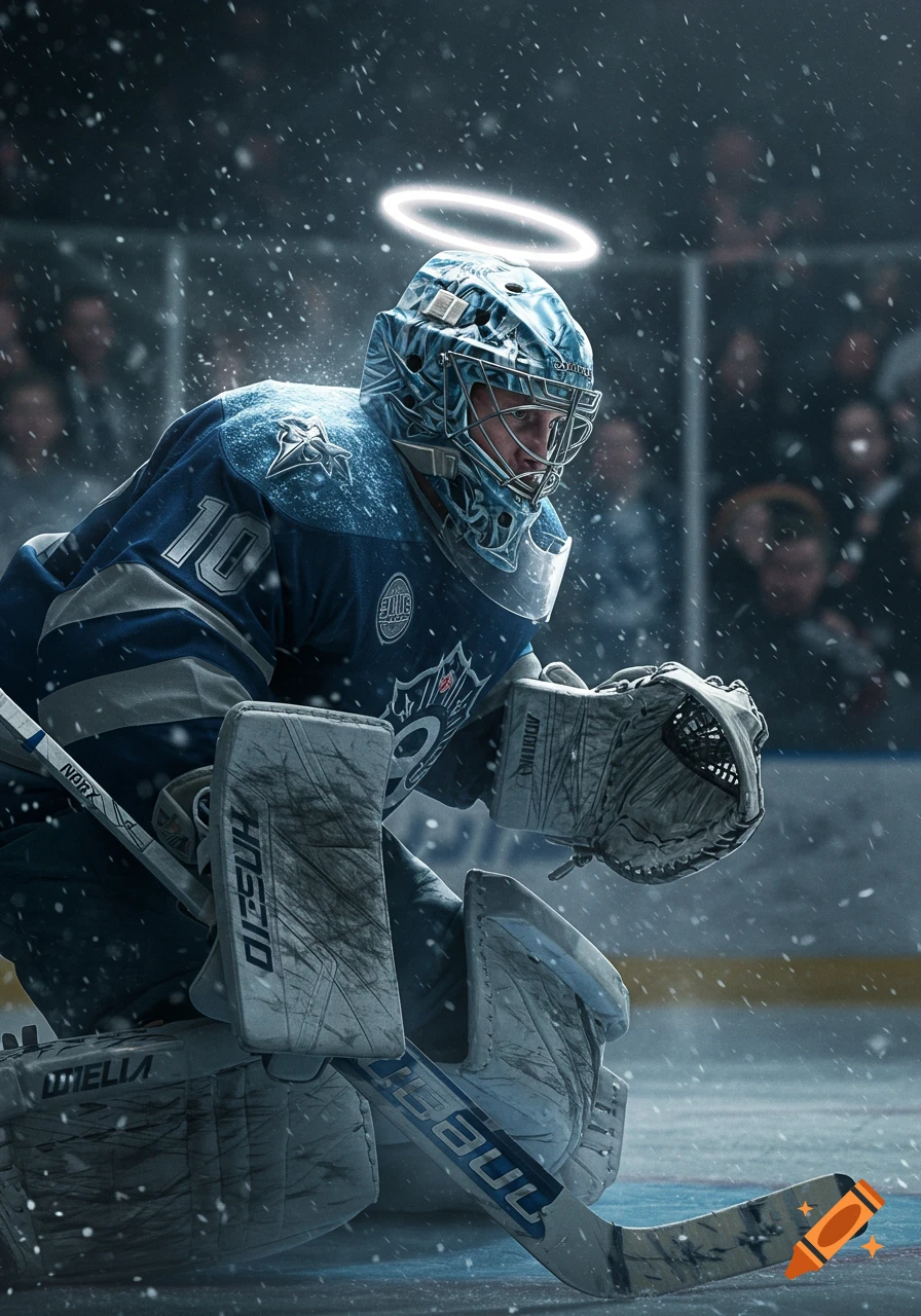 A close-up, photorealistic shot of an ice hockey goalie in full gear, wearing a blue jersey with number 10, a halo floating above their helmet, with snow falling in the arena.