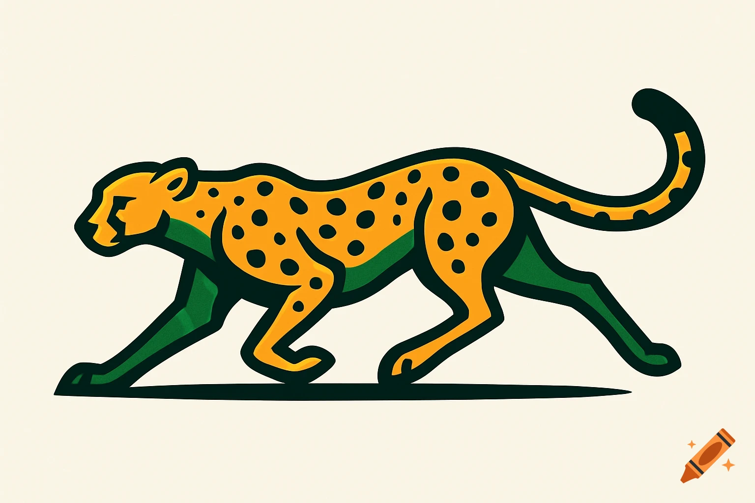 A stylized logo of a cheetah, depicted in yellow with black spots and green accents, outlined in black, against a plain background.