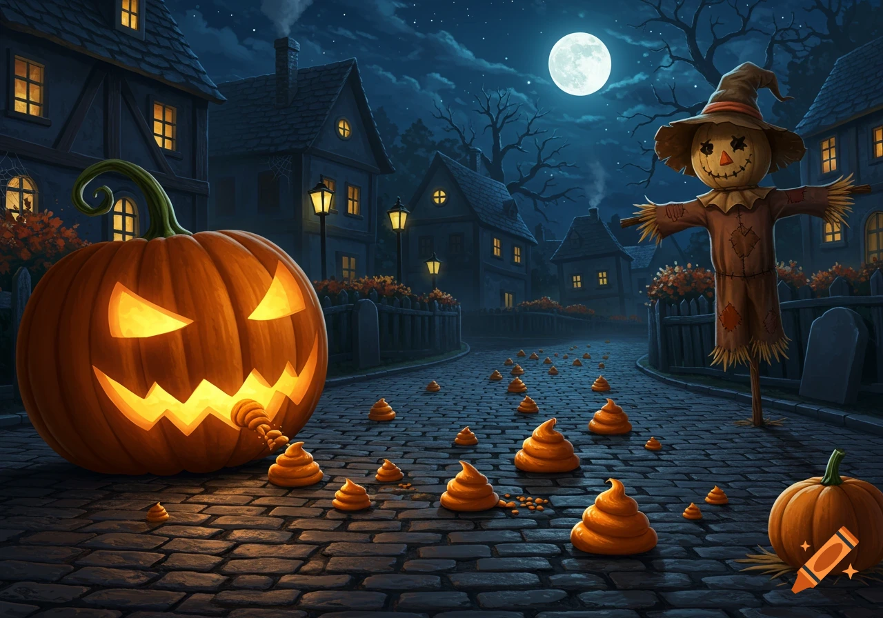 A spooky Halloween night with a glowing jack-o'-lantern, a scarecrow, and small orange poop piles on a cobblestone street.