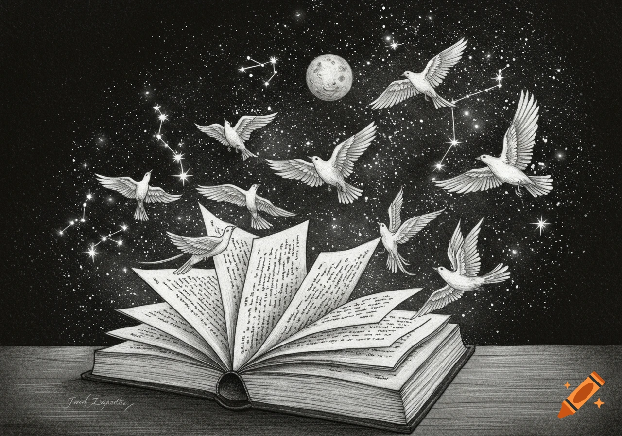 Monochrome sketch of an open book with pages transforming into birds flying towards constellations in a starry night sky.