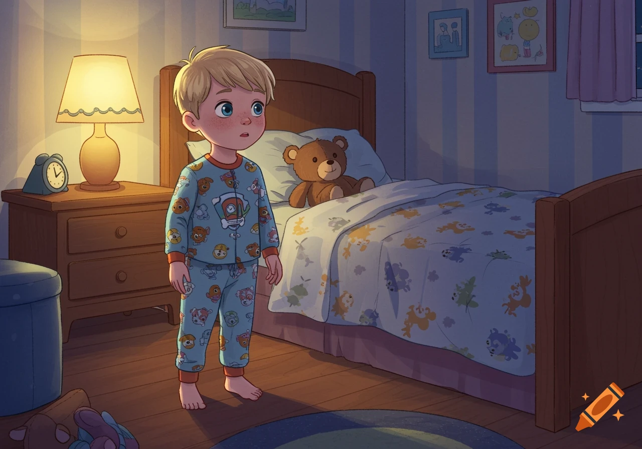 A barefoot boy in Paw Patrol pajamas stands in his dimly lit bedroom beside his bed and a glowing lamp, in a children's book style.