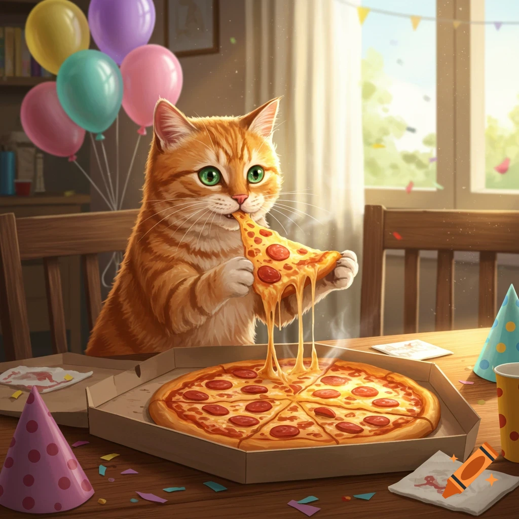 An orange tabby cat with green eyes holds a slice of cheesy pepperoni pizza with stringy cheese, sitting at a table with a whole pizza, party hats, and balloons in a brightly lit room.