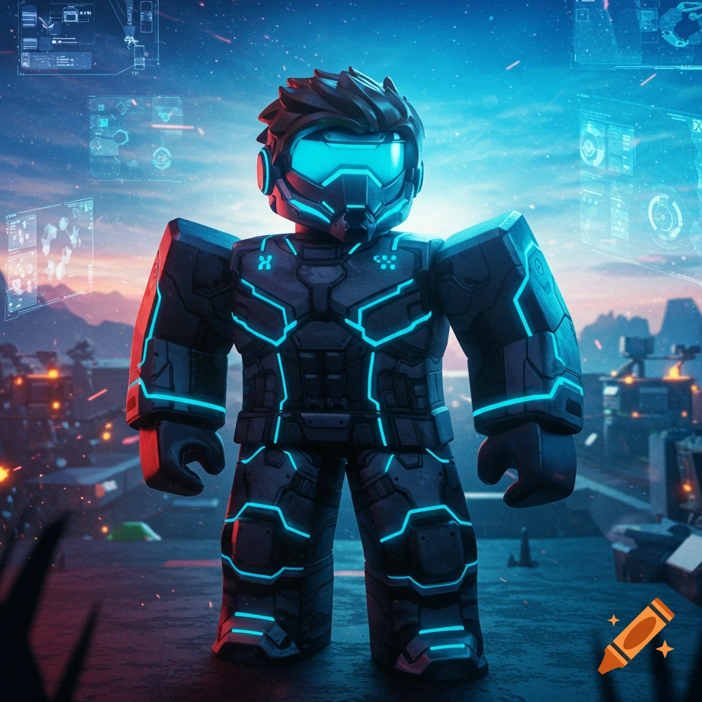 A Roblox-style character in a futuristic black military suit with glowing blue accents stands against a neon-lit, starry sky background with holographic displays.