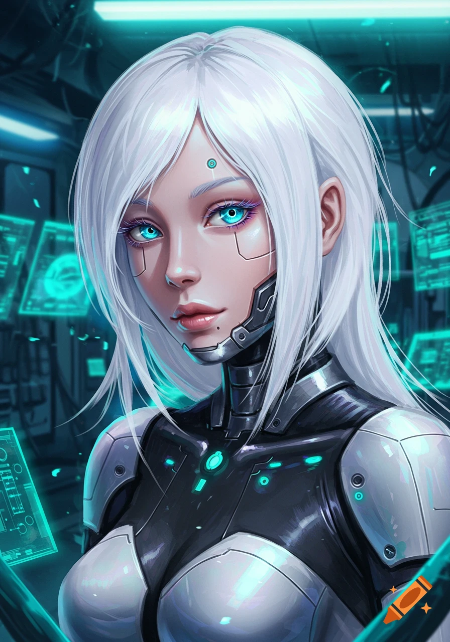 An anime cyborg woman with long white hair, striking blue eyes, and cybernetic facial implants, wearing a black and silver suit against a backdrop of glowing blue data screens.