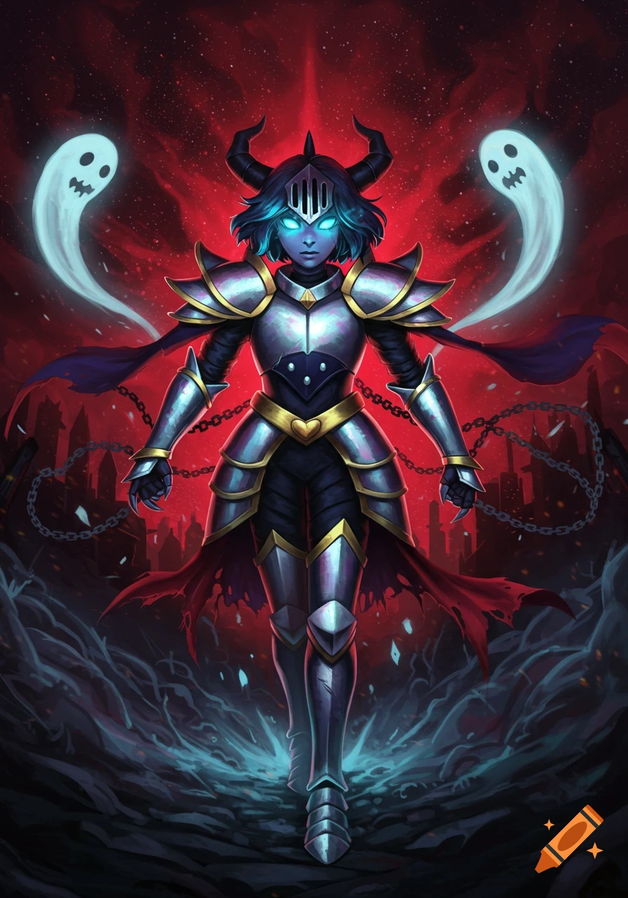 A horned knight in silver armor with glowing blue eyes stands with two ghosts against a dark red, ruined city in a stylized fantasy illustration.