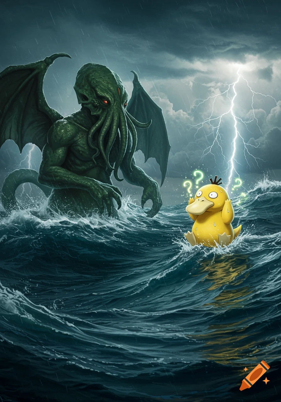 Cthulhu, a green winged monster, emerges from a stormy ocean with lightning, facing a confused Psyduck. Dark fantasy style.