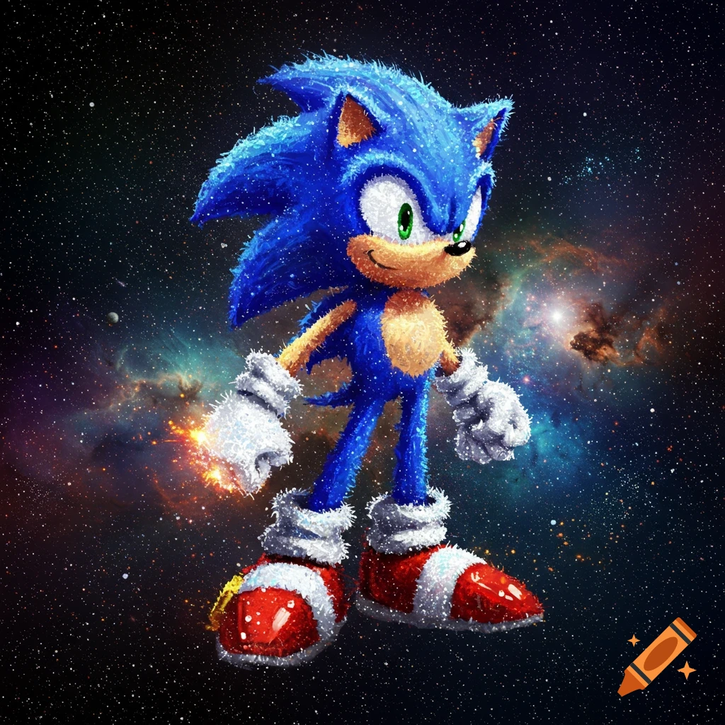 Stylized Sonic the Hedgehog standing against a vibrant cosmic background with glowing hands and feet.