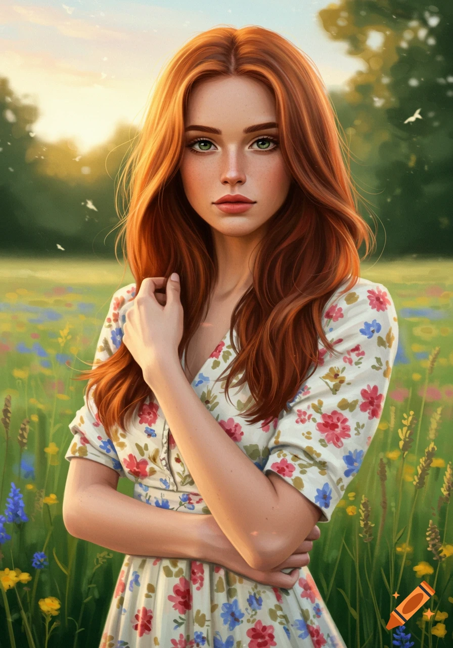 A beautiful red-haired woman with green eyes in a floral dress stands in a vibrant wildflower field at sunset, digital art.
