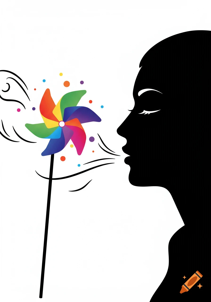 Black silhouette of a person's face in profile blowing a colorful pinwheel with wind swirls and dots.