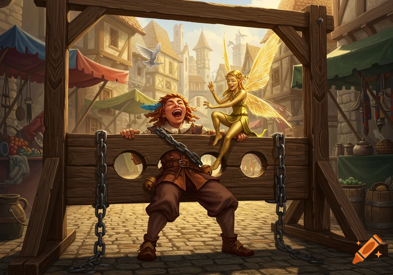 A laughing man trapped in medieval stocks is tickled by a golden-winged fairy in a bustling town square.