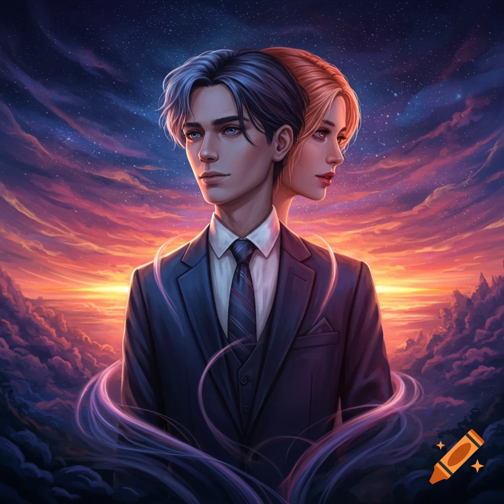 Digital art of a man with blue hair and a woman with red hair merged on one head, wearing a suit against a vibrant sunset sky with clouds and stars.